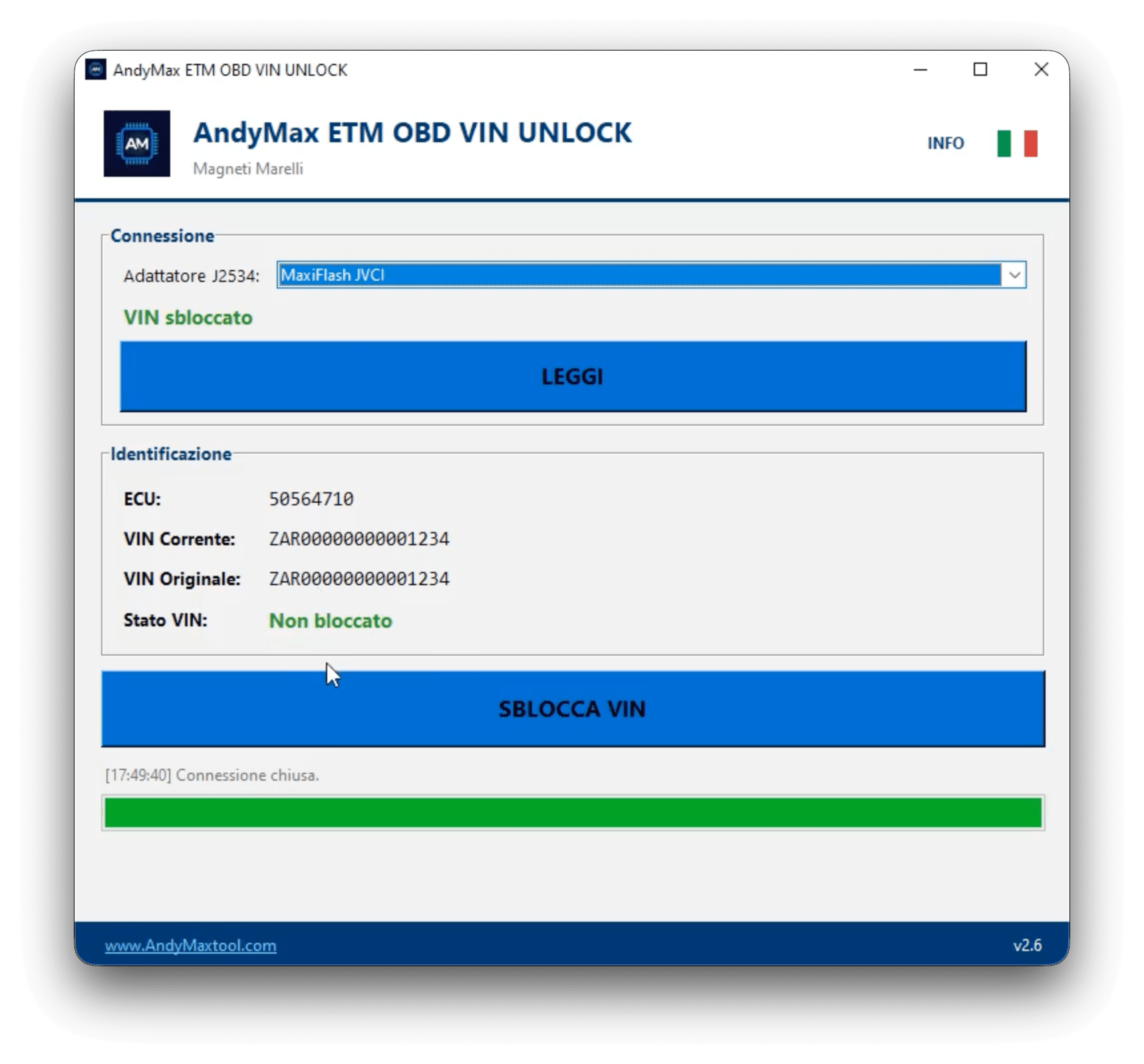 Schermata del programma ETM OBD VIN UNLOCK