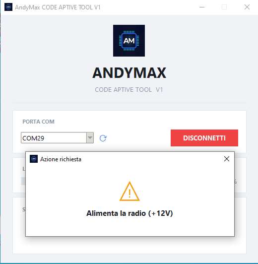 Schermata del software con la richiesta di alimentare la radio
